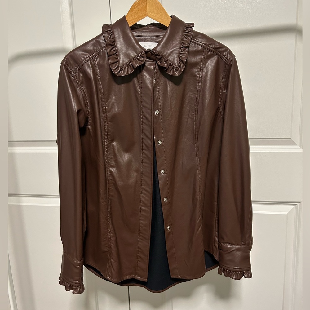 Oak + Fort Brown Vegan Leather Button-Up Shirt with Ruffled Collar